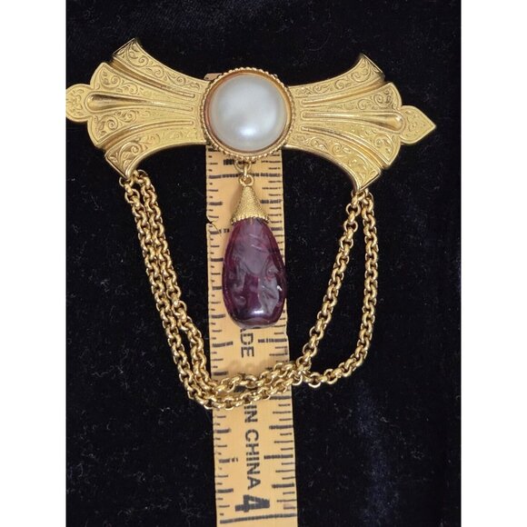 Vintage Ben-Amun Gold Tone Faux Pearl & Purple Glass Dangle Brooch Pin - Picture 5 of 6